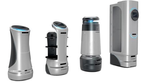 Hyundai Robotics Mobile Service Robots (from left, Hotel Robot, F_B Robot, Disinfection Robot (at CES 2022), and Luggage Robot)