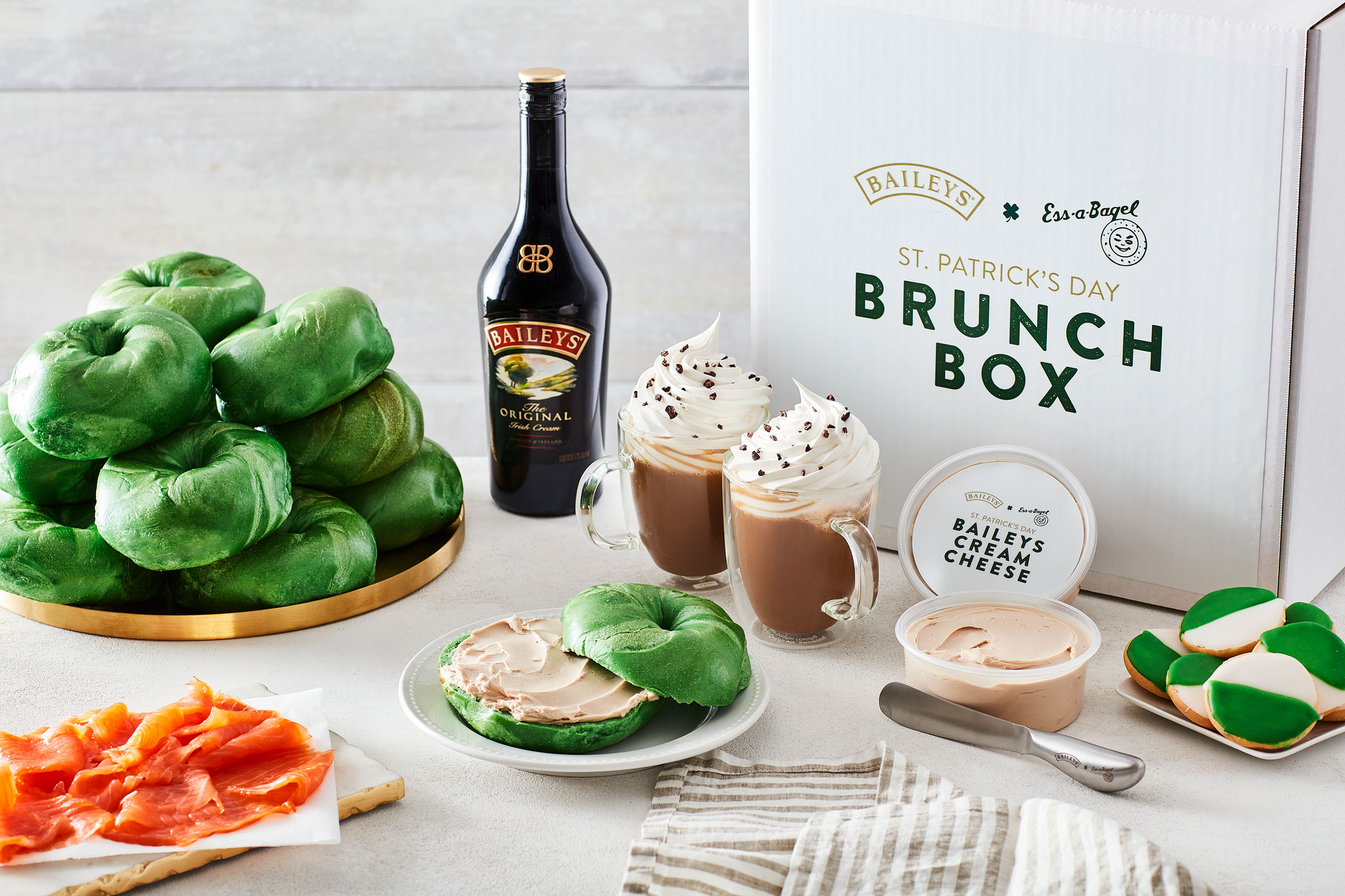 Introducing the Baileys x Ess-a-Bagel St. Patrick’s Day Brunch Box featuring the first-ever cream cheese infused with the flavor of Baileys Original Irish Cream Liqueur (non-alcoholic)!