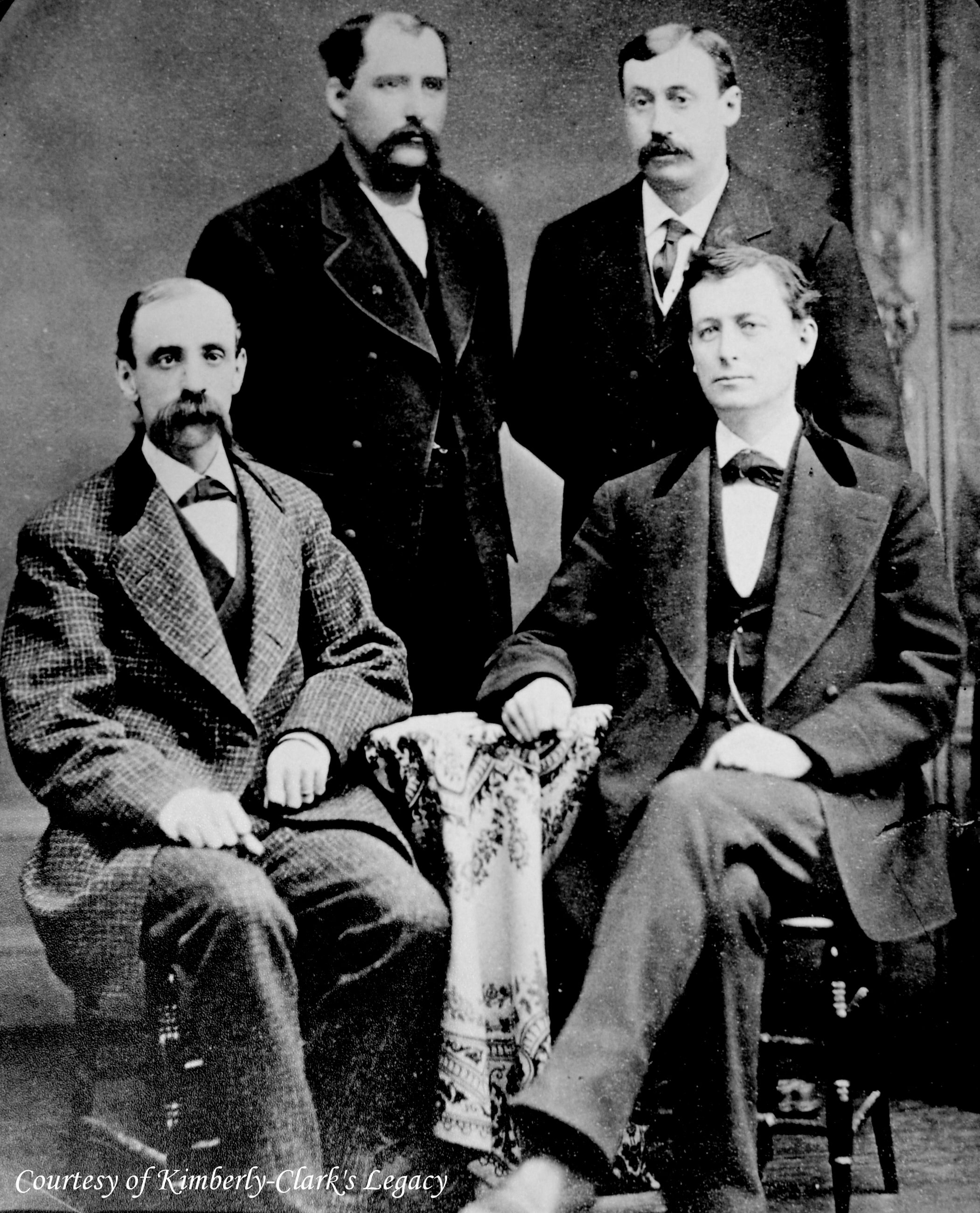 In 1872, John A. Kimberly (far left), Charles Clark (standing left), Havilah Babcock (standing right) and Frank Shattuck (far right), formed a paper company in Neenah, Wisconsin, which they named Kimberly, Clark & Co., initially specializing in top-quality newsprint. Today, Kimberly-Clark and its well-known global brands, including Andrex, Cottonelle, Depend, Huggies, Kleenex, Plenitude, Poise, Scott and Kotex, are an indispensable part of life for people in more than 175 countries.