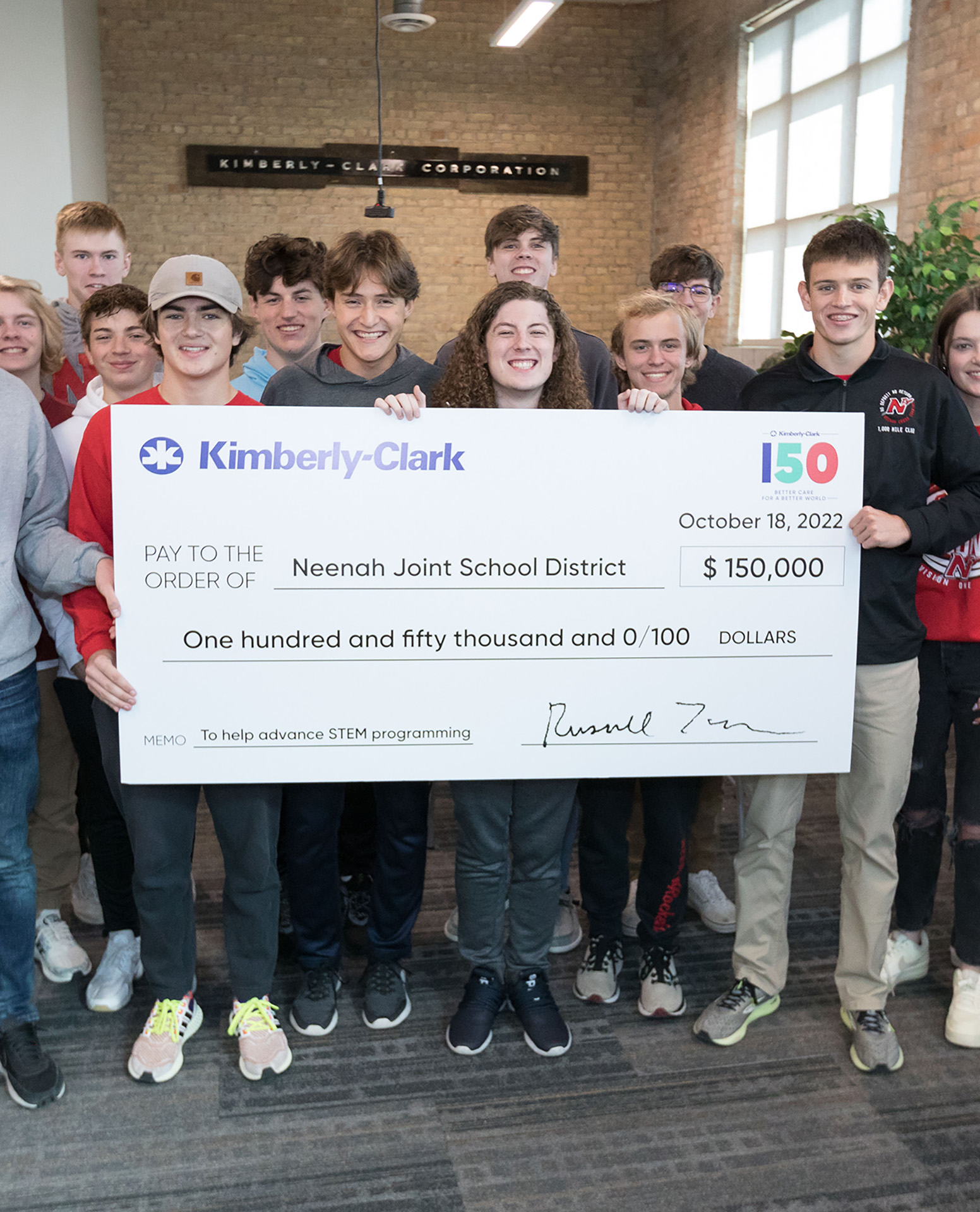 In honor of the company’s 150th anniversary, Kimberly-Clark’s team in North American donated a $150,000 grant to the Neenah Joint School District to be used to further STEM educational opportunities throughout the district.