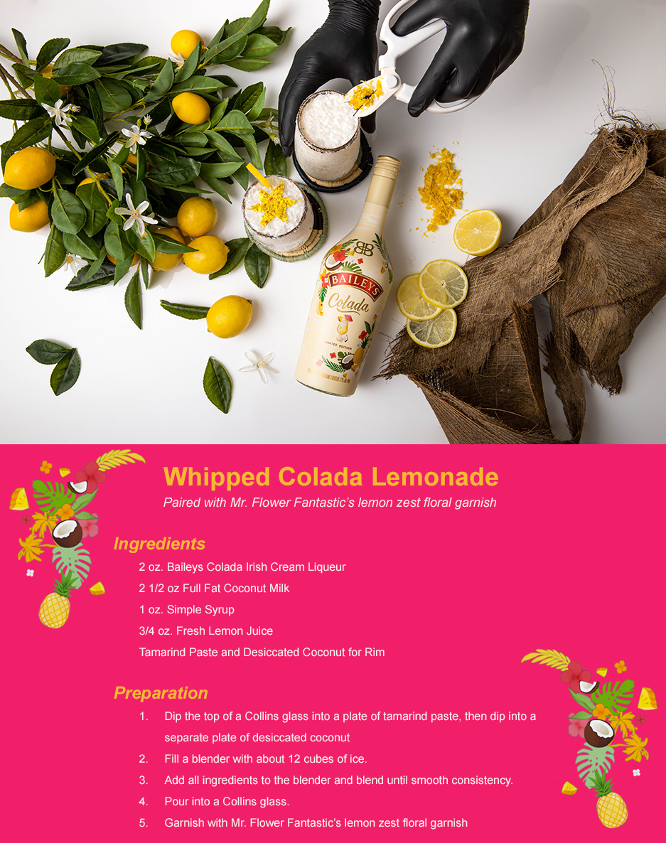 Whipped Colada Lemonade paired with a lemon zest floral garnish