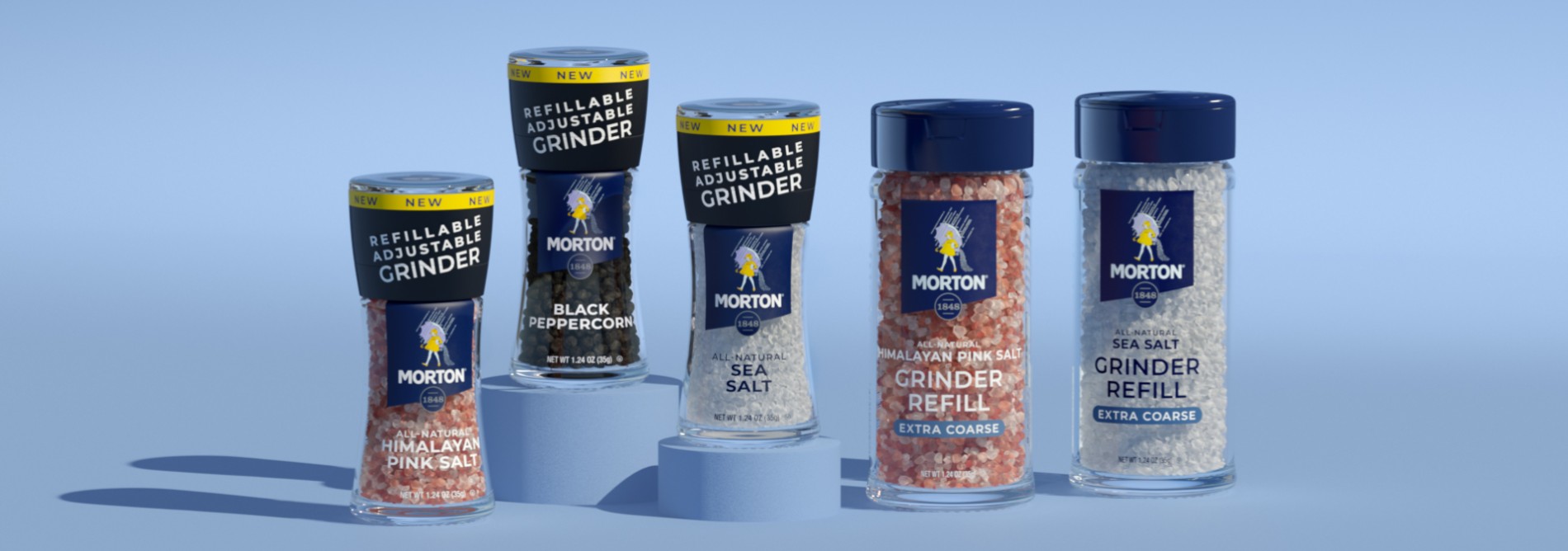 Newly redesigned refillable grinder trio is available in three key products: All-Natural Sea Salt, All-Natural Himalayan Pink Salt, and Black Peppercorn.