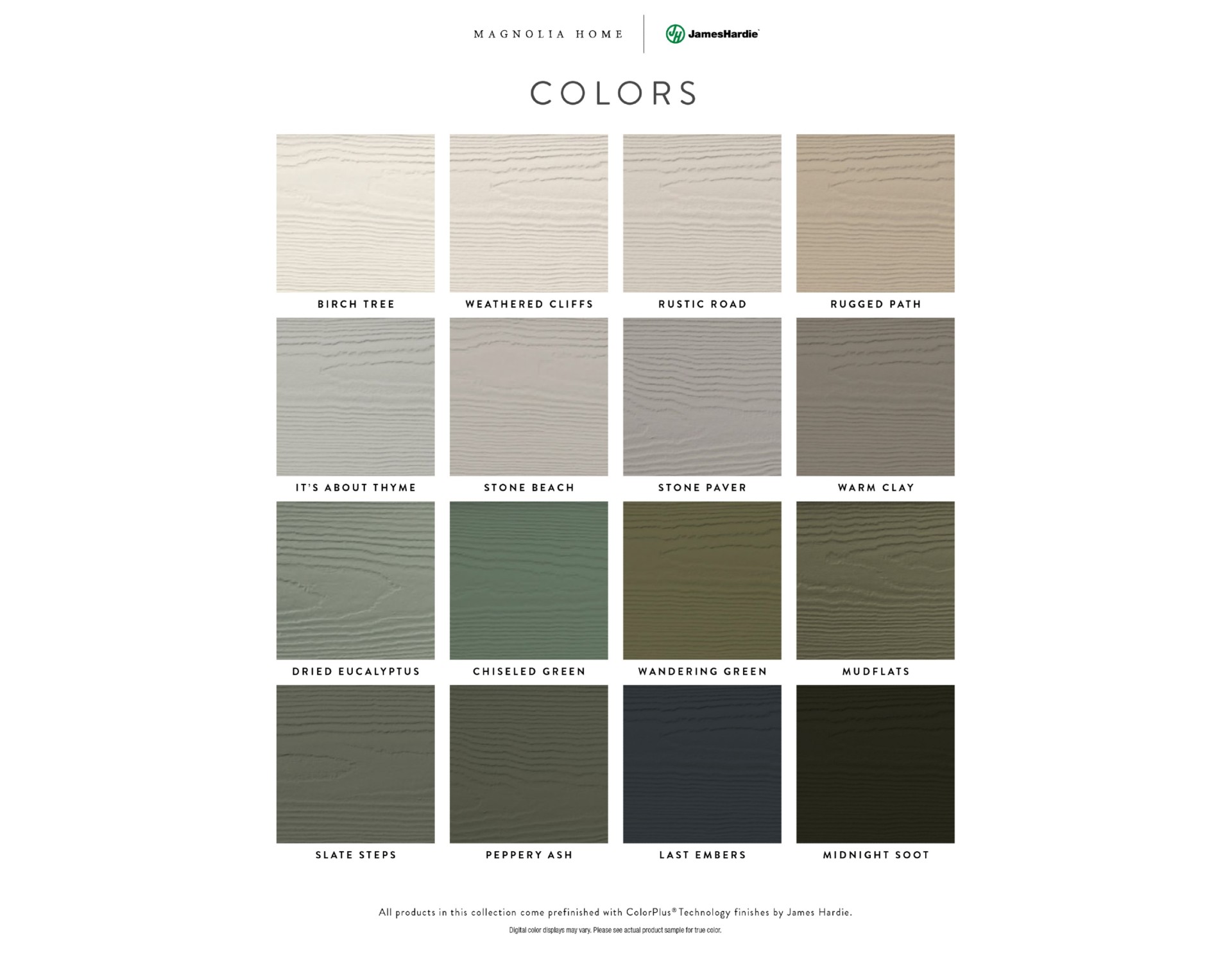 The Collection’s sixteen ColorPlus® Technology finishes feature a variety of natural, earthy tones, including greens, beiges, and greys.