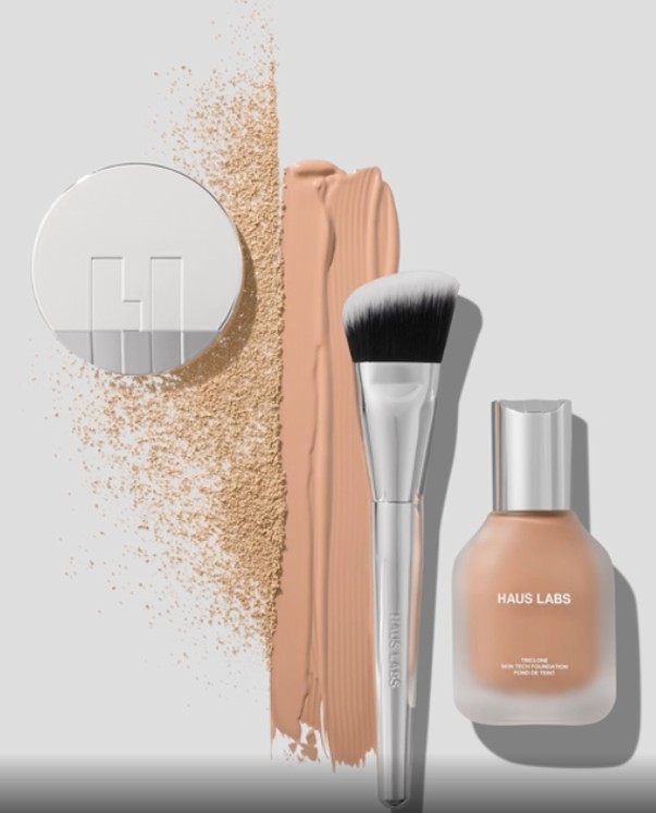 PHOTO CREDIT: Alex Kapustin / Haus Labs new complexion products: Triclone Skin Tech Foundation, Bio-Blurring Talc-Free Loose Setting Powder, and Foundation Brush