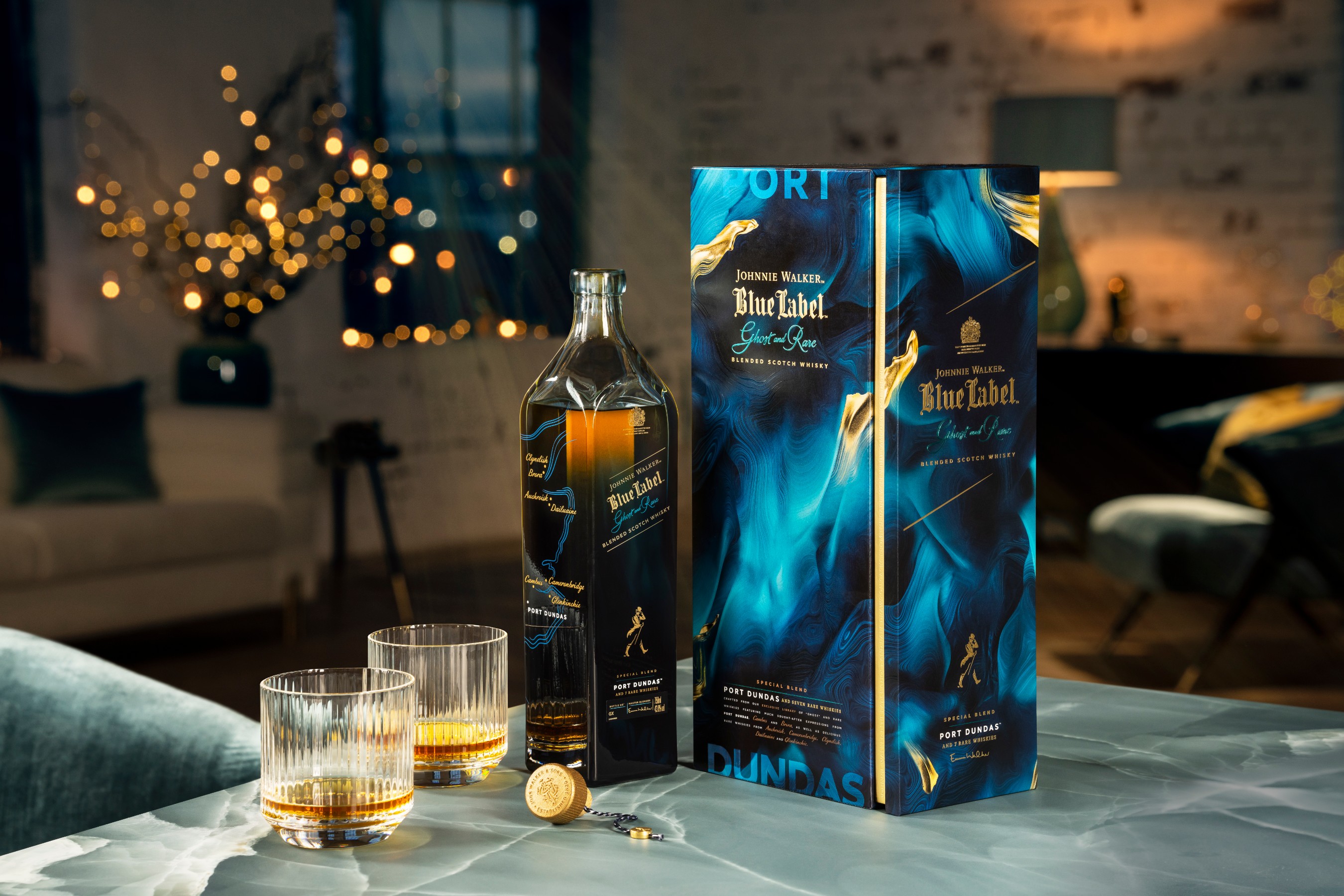 Johnnie Walker Blue Label Ghost and Rare Port Dundas Neat Pour at Night