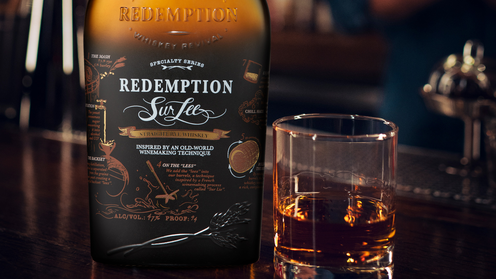Redemption Sur Lee Straight Rye Whiskey Lifestyle Image with Neat Pour. Credit: Redemption Whiskey
