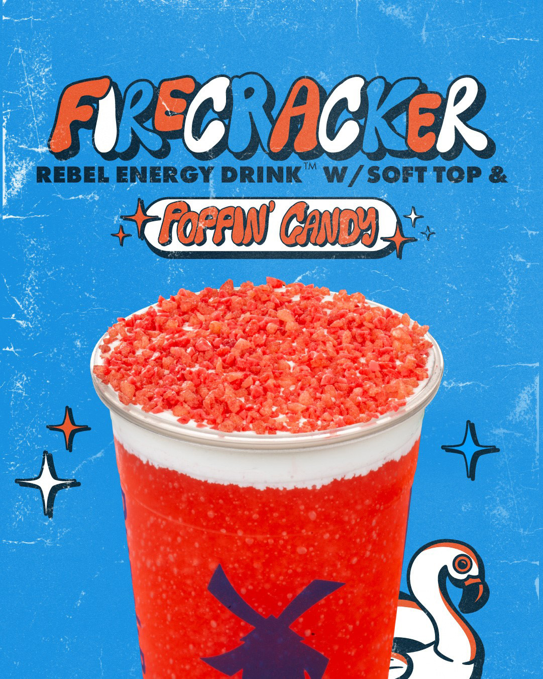 The Firecracker Rebel is full of flavor and color featuring our exclusive Rebel energy drink and red raspberry flavor, topped with Soft Top and new Poppin' Candy!