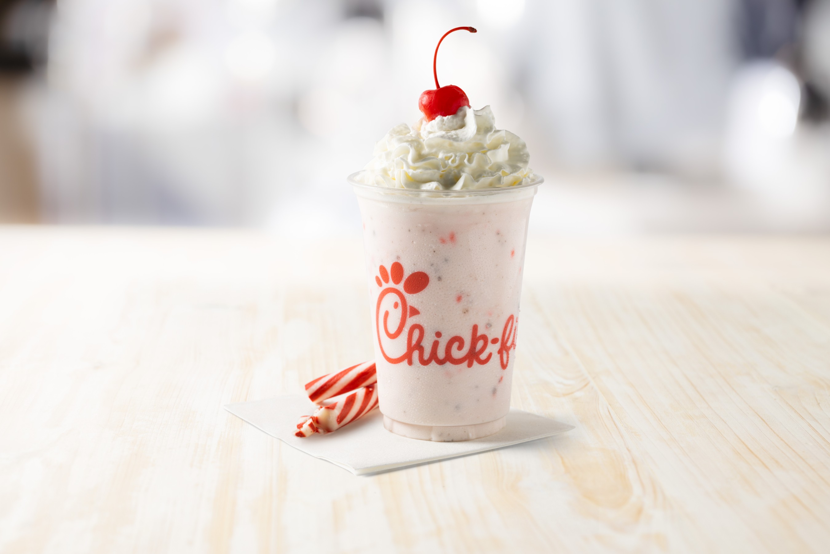 The Peppermint Chip Milkshake puts a twist on a classic seasonal flavor, with hand-spun Chick-fil-A Icedream® and chips of peppermint bark topped off with whipped cream and a cherry.