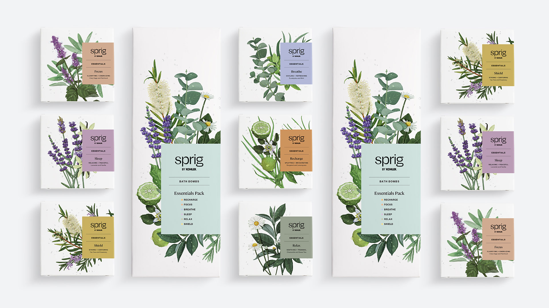 Get to know the Sprig necessities with the Essentials Packs of shower infusion pods, bath bombs, and mists. Each sampler pack includes all six of Sprig's signature blends.