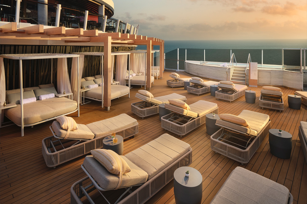 Vibe Beach Club, Norwegian Cruise Line’s adults-only venue with a dedicated bar and infinity hot tubs, will include more seating and feature an elevated design.