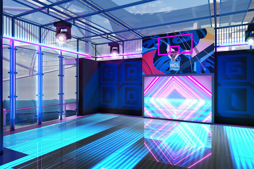 Norwegian Aqua’s newest cutting-edge attraction, the Glow Court, will entertain guests all day long, transforming from a digital sports complex into a lively club at night.