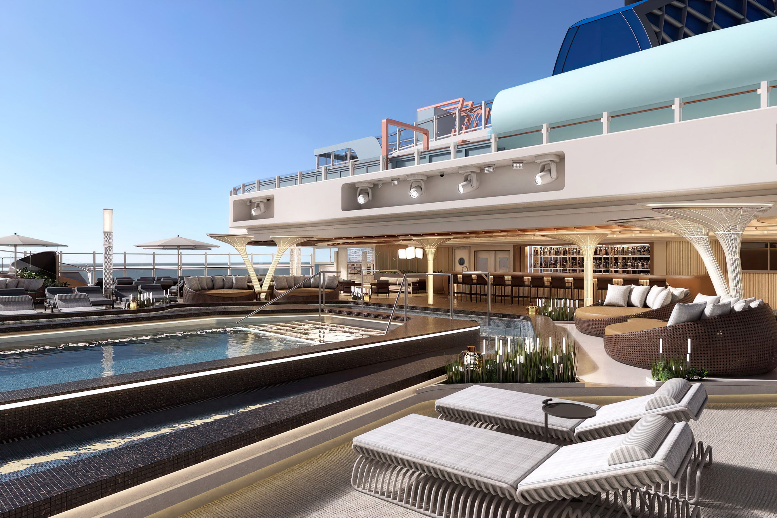 For the first time, Norwegian Cruise Line will feature day beds around the main pool deck to offer guests an expanded variety of seating for ultimate relaxation on board Norwegian Aqua.