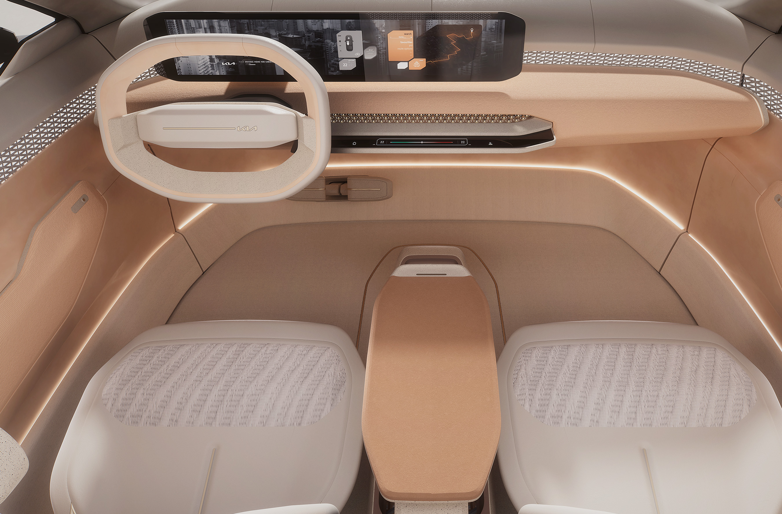 Inside the Kia Concept EV4 is a spacious and simplified cabin with dual flat screens and bespoke ambient lighting. 