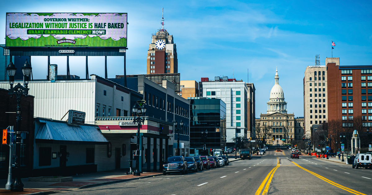 Ben & Jerry's placed a billboard adjacent to Michigan's state house in Lansing calling on Governor Whitmer to grant clemency to those incarcerated for cannabis crimes.