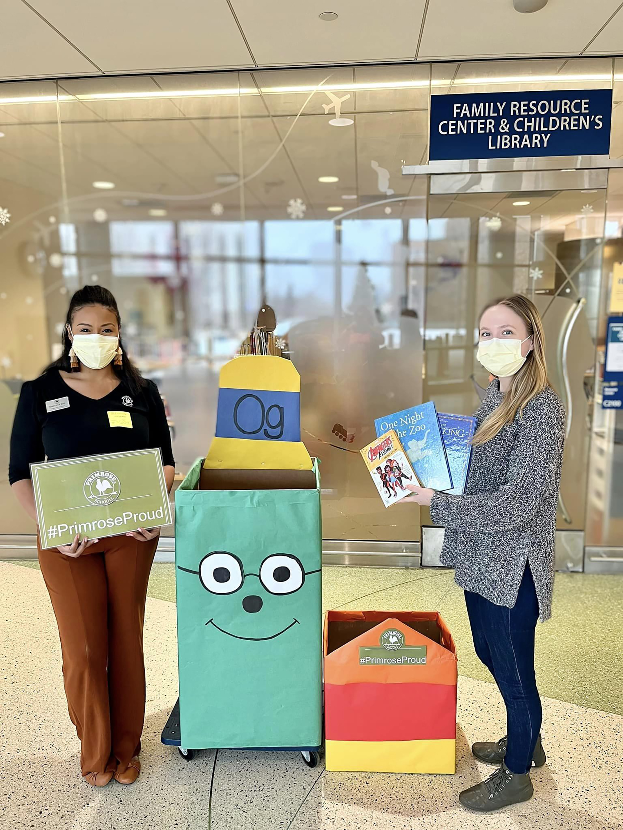 School staff from Primrose School of The Lakes at Blaine (Blaine, MN) drop off books to Masonic Children’s Hospital as part of their Og’s Bountiful Book Drive donation efforts.