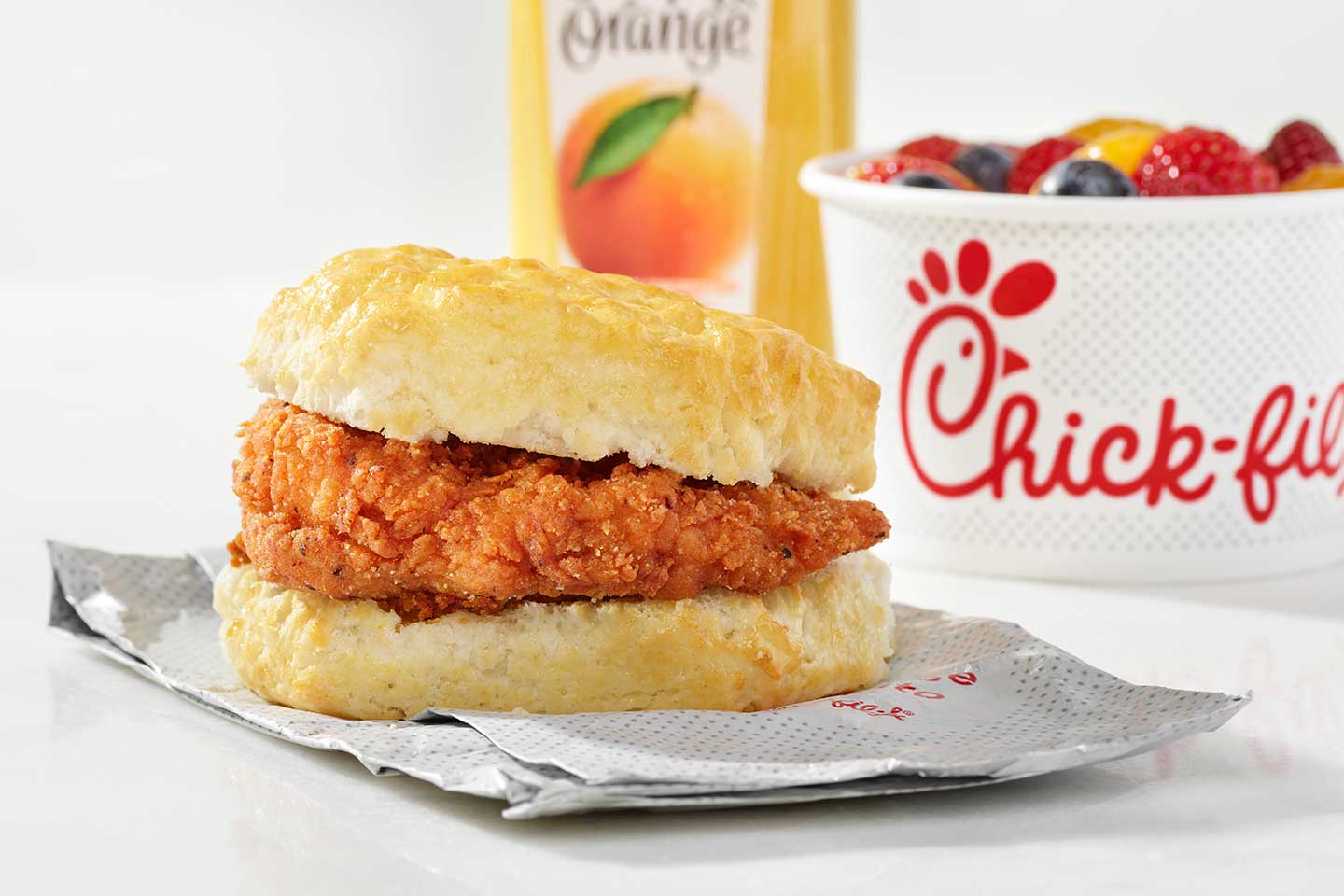 The Spicy Chicken Biscuit is made with Chick-fil-A’s signature boneless chicken breast, seasoned with a spicy blend of peppers, and served on a freshly baked buttermilk biscuit.