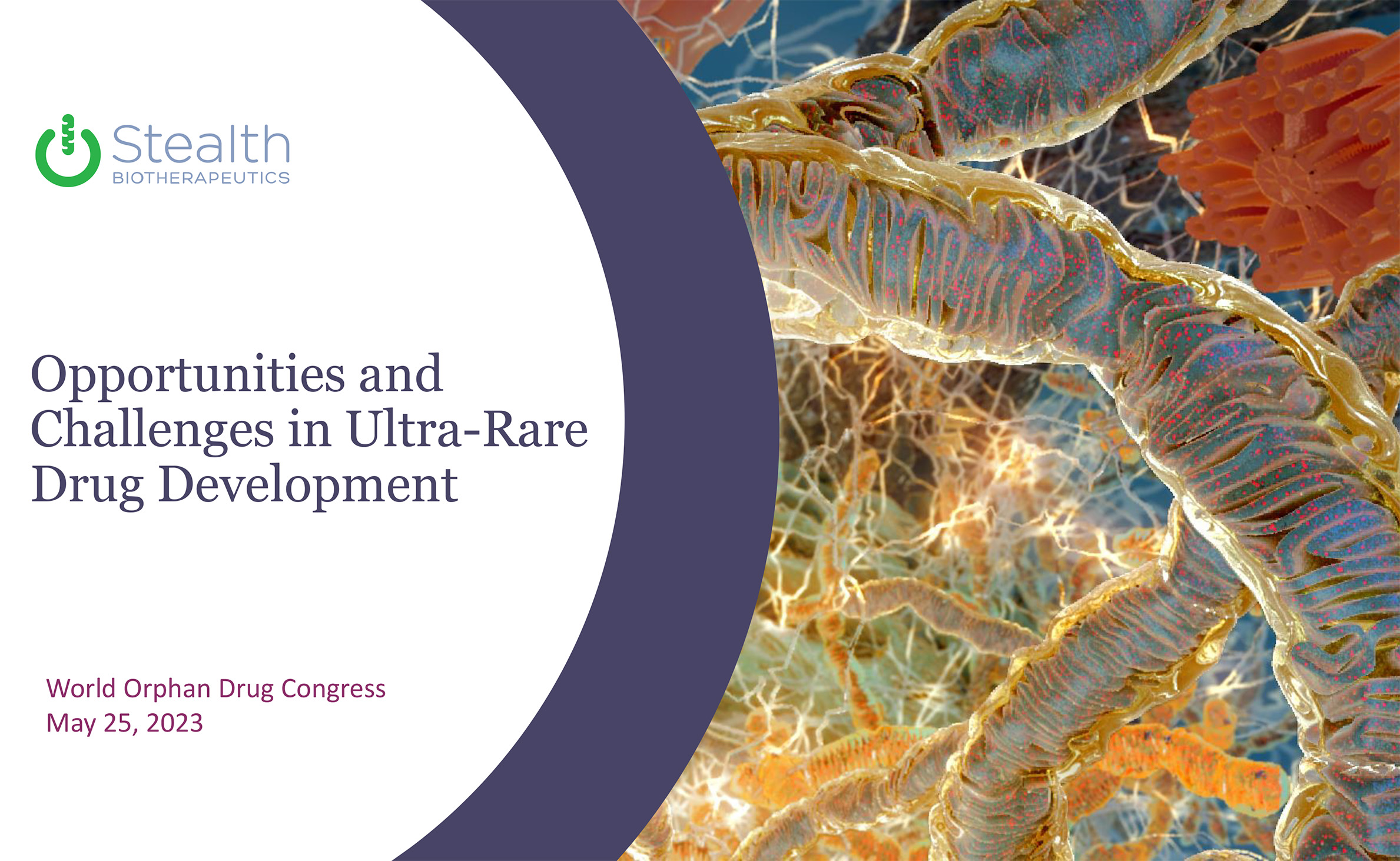 "Opportunities and Challenges in Ultra-Rare Drug Development,” presented by Reenie McCarthy at the 2023 World Orphan Drug Congress in Washington DC. In this presentation, she discusses the company's Barth syndrome development program as a case study to highlight the need for new incentives and differentiated ultra-rare regulatory pathways to reduce health inequities faced by patients with ultra-rare diseases