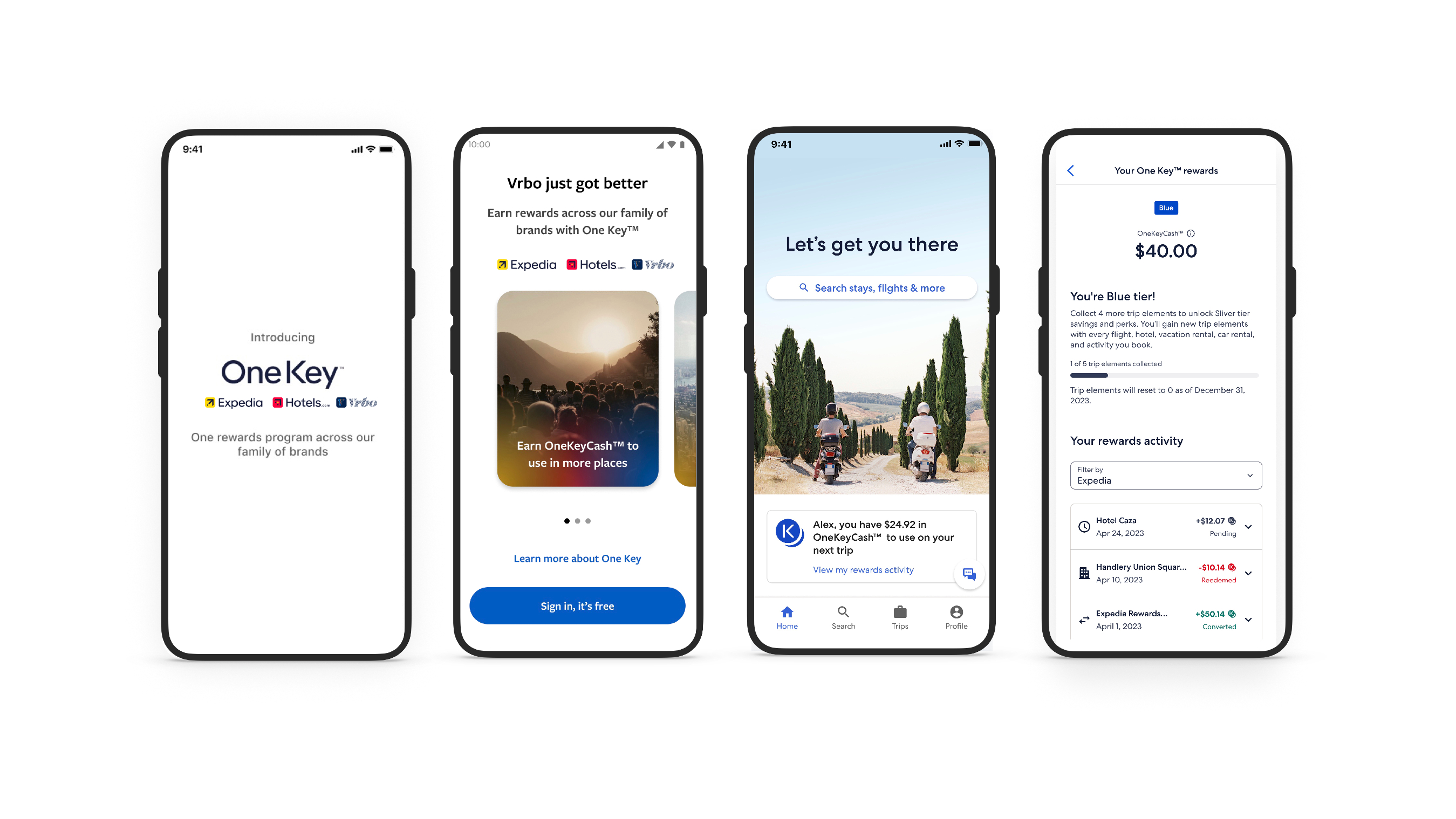 With One Key, travelers can earn and use rewards across the Expedia, Hotels.com and Vrbo travel apps. With One Key, travelers can earn and use rewards across the Expedia, Hotels.com and Vrbo travel apps.