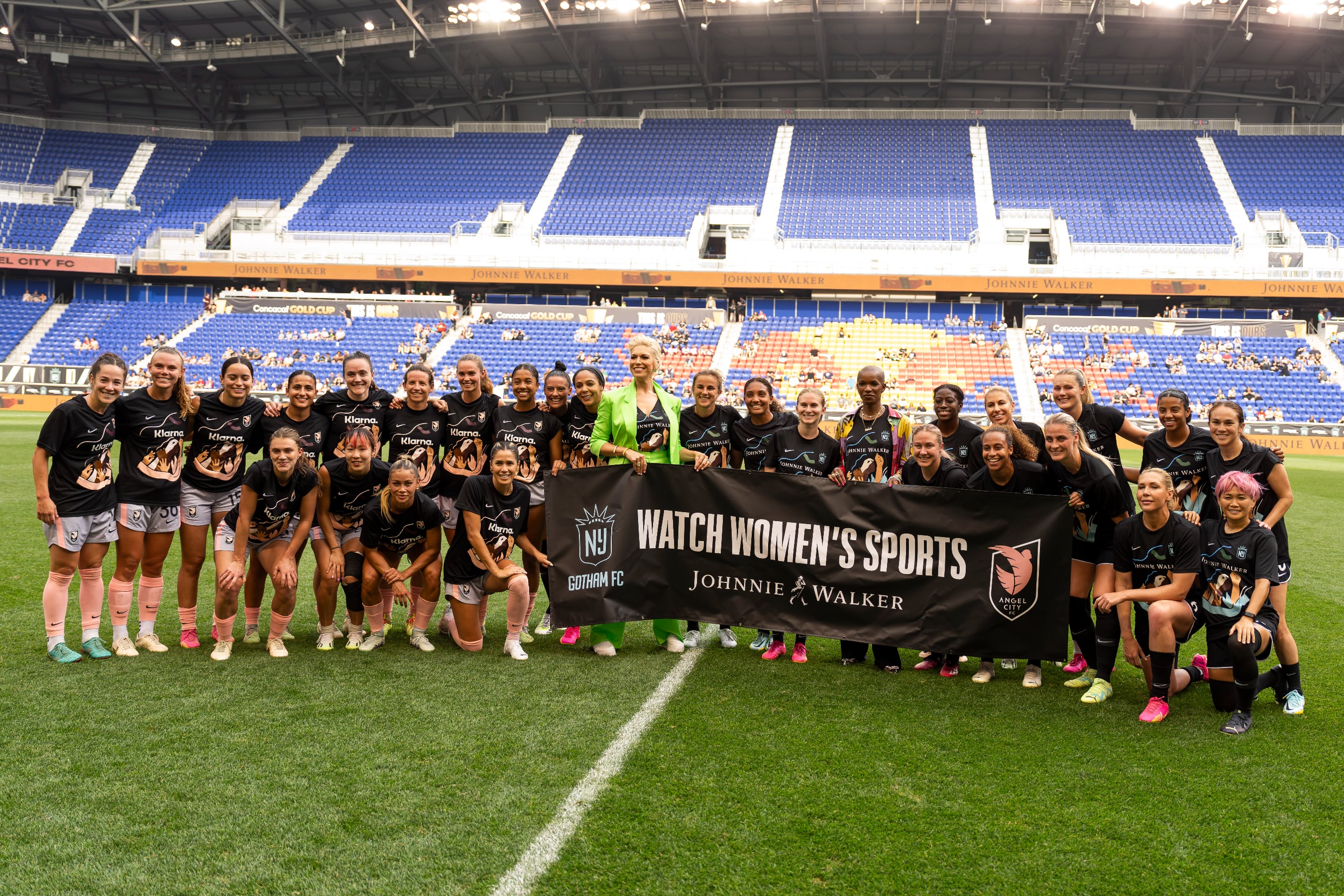 Hannah Waddingham and Monica Ahanonu join Gotham FC and Angel City FC Players in presenting Watch Women's Sports during Johnnie Walker's Women's Gotham FC v. Angel City FC Empowerment Game at Red Bull Arena on July 2