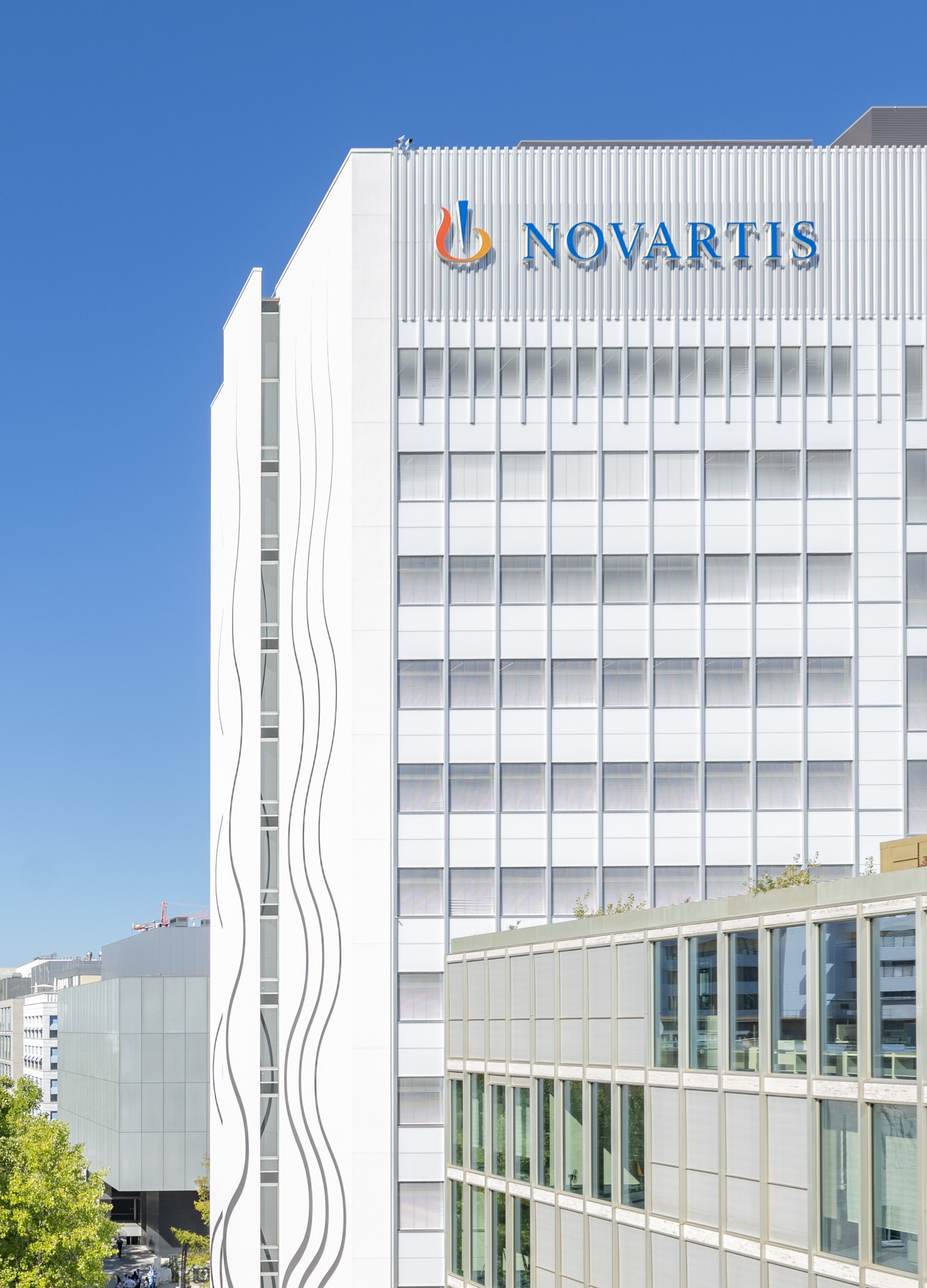 Close up of the Novartis logo on the Banting 1 building, Novartis Campus Basel