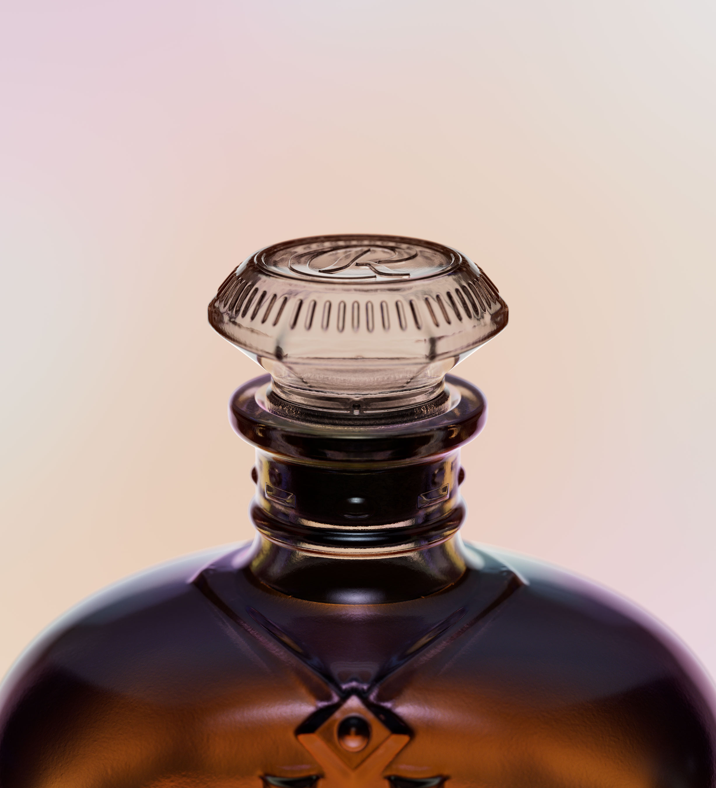 Close up of Crown Royal Aged 30 Years' iridescent sheen bottle.