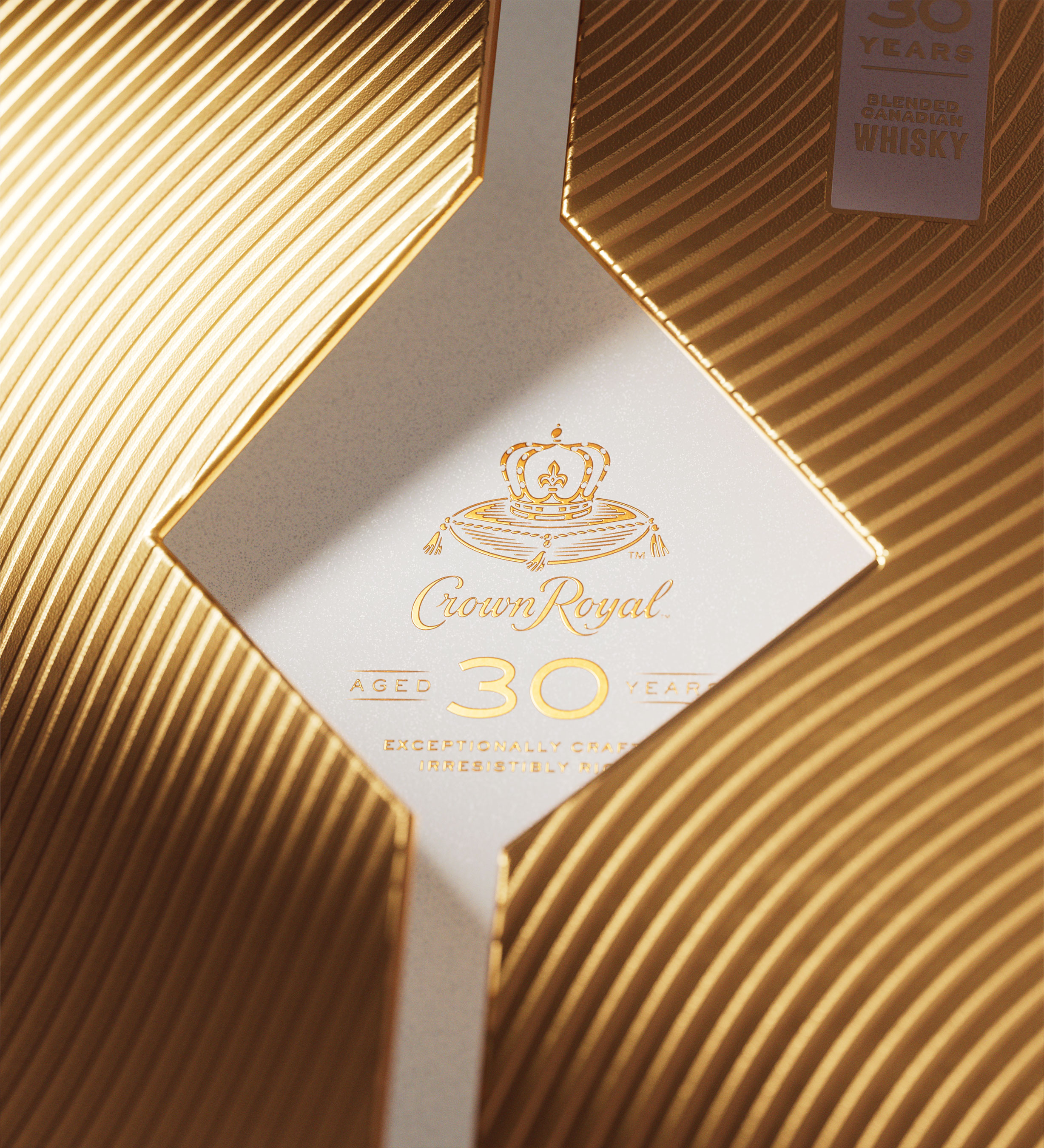 Close up of Crown Royal Aged 30 Years' golden collector's box.