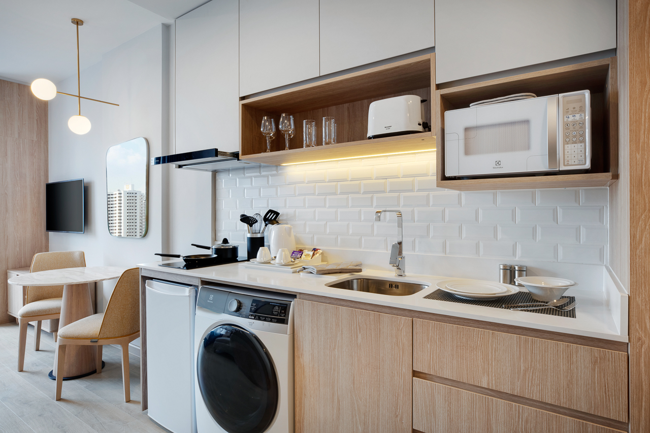 Every suite comes equipped with a fully-functional kitchen and laundry equipment.