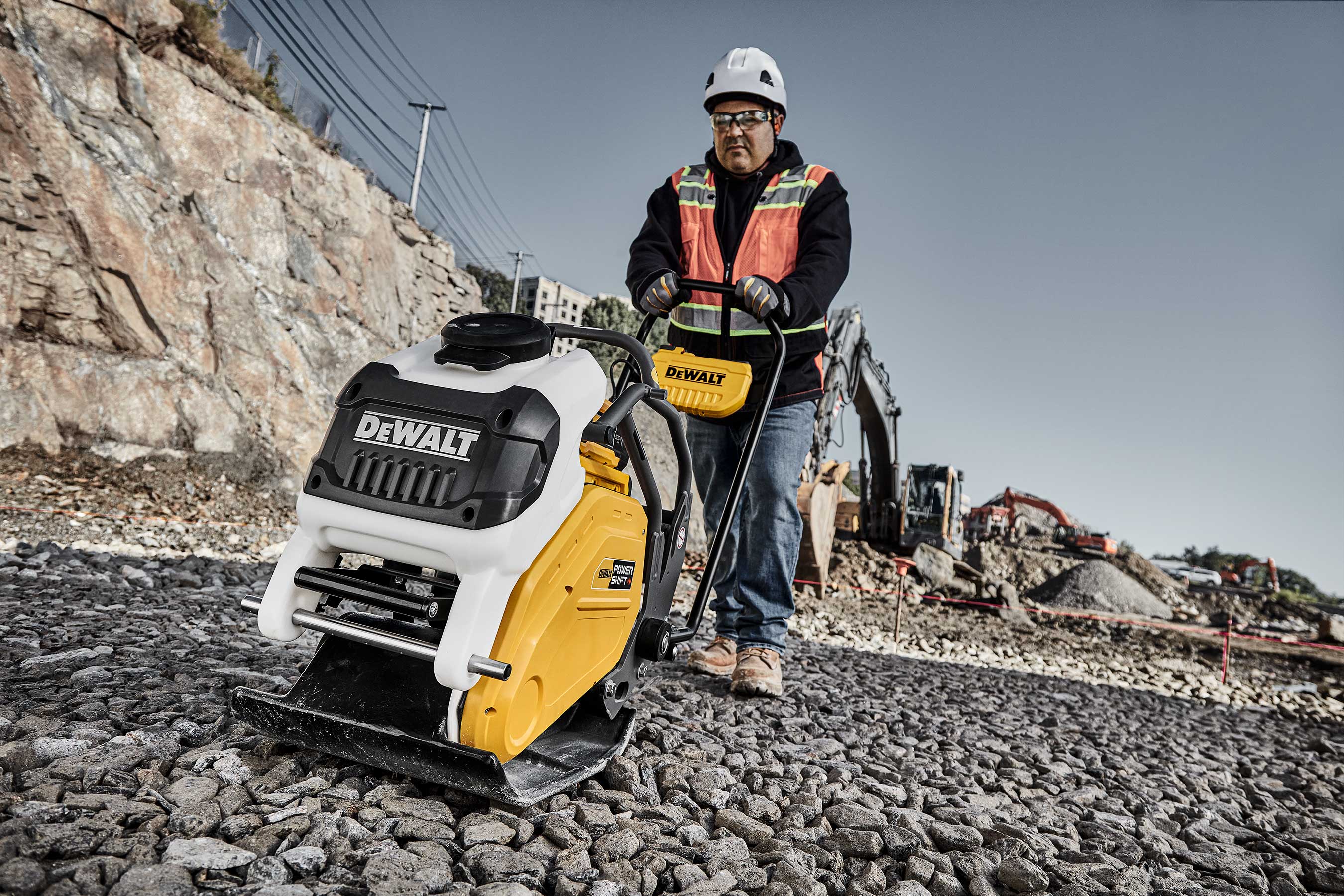 The DEWALT POWERSHIFT™ Plate Compactor provides 3,370ft lbs. of force through its 15.7-in. plate with controls that are mounted on an ergonomic folding handle for increased user control and comfort.