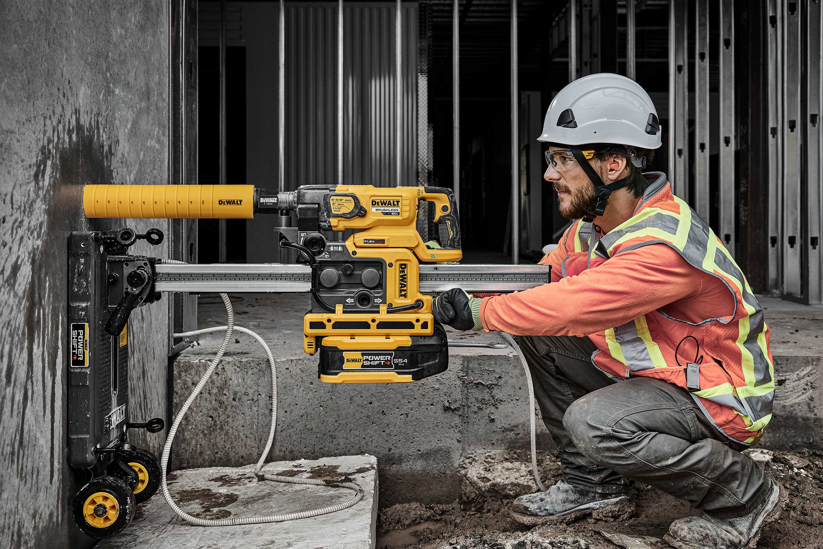 The DEWALT POWERSHIFT™ Core Drill & Stand are designed with close wall or ceiling clearance. Part of the DEWALT PERFORM & PROTECT™ line of tools, the drill features anti-rotation technology to prevent over rotation in a bind up situation.