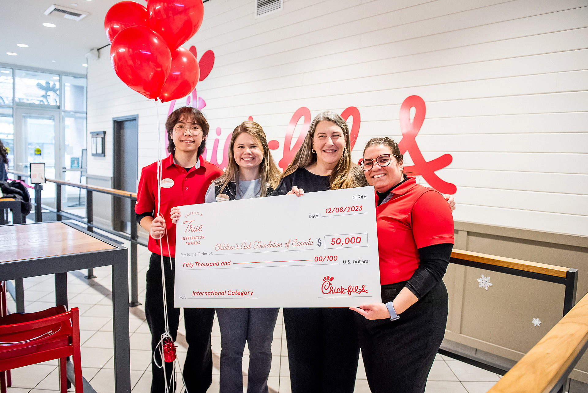 Children’s Aid Foundation of Canada received a $50,000 grant from Chick-fil-A, Inc. through the 2024 Chick-fil-A True Inspiration Awards.