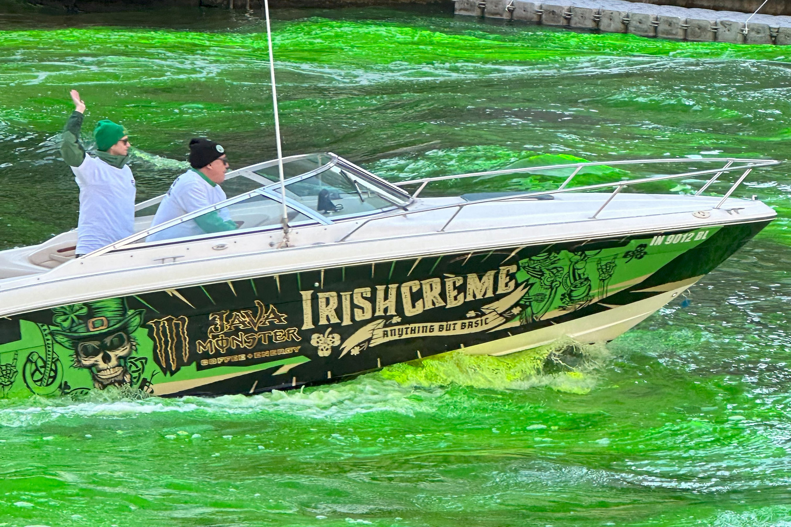 The Chicago River gleamed a brilliant emerald with a little help from Monster Energy in the annual river-dyeing tradition.