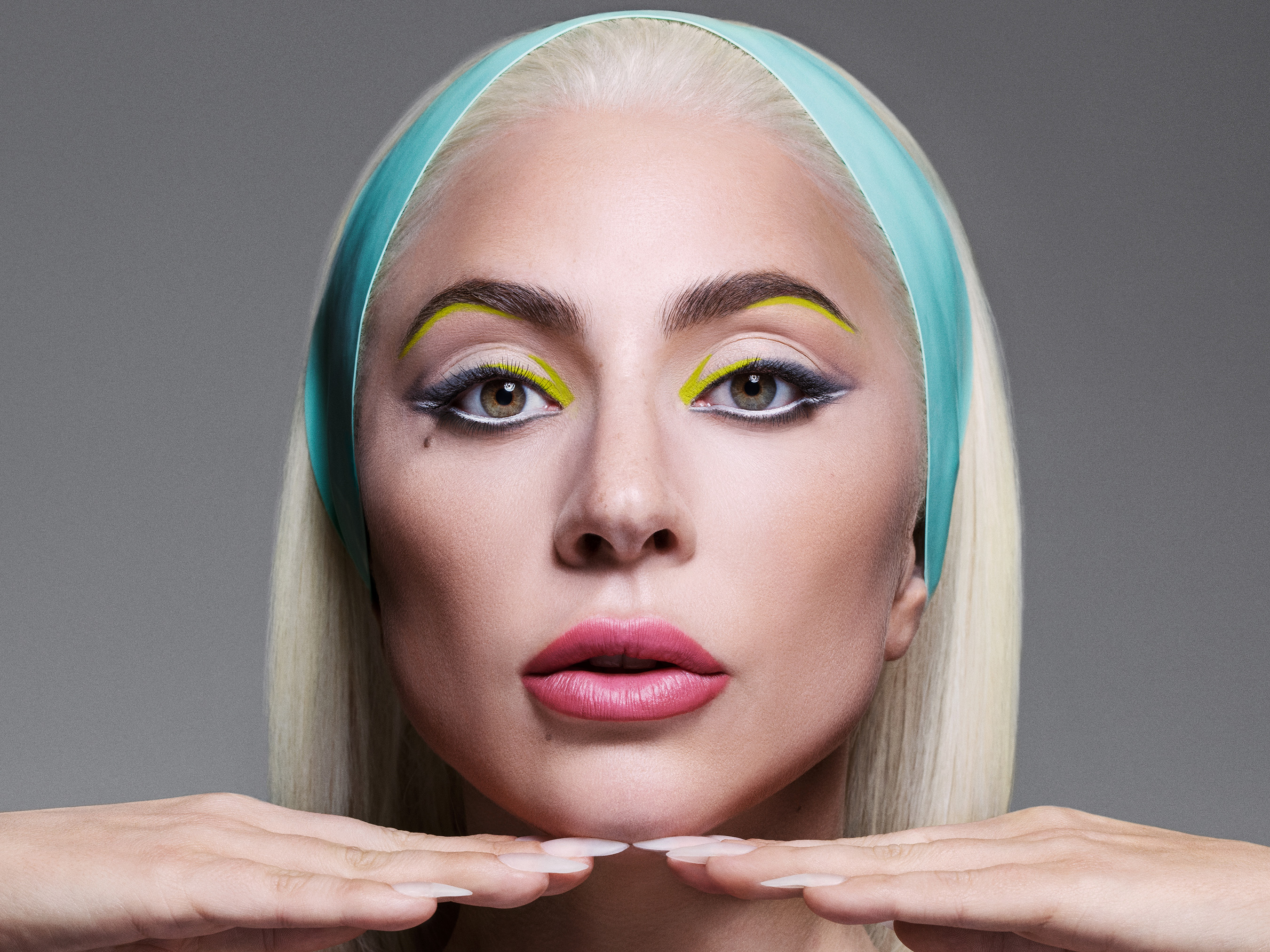 Haus Labs Founder Lady Gaga wearing Optic Intensity Eco Gel Eyeliners in Chartreuse Matte, Charcoal Matte and White Onyx Matte, and Le Monster Lip Crayon in Melon Matte. Shot By: Inez and Vinoodh