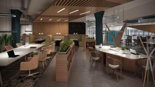 A modern business club with natural wood finishes, featuring plenty of tables and workspace.