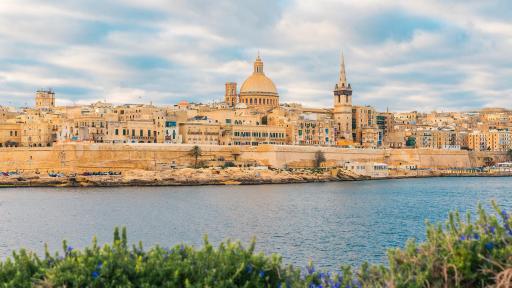 Image of Valletta, Malta - old town skyline from Sliema city, other side of the harbour.