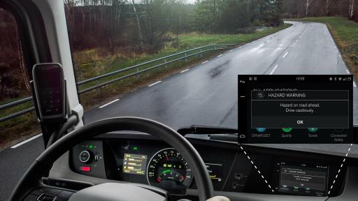 When a Volvo truck receives a signal about a hazardous situation on the road, a warning message appears in the instrument panel. This alert allows the driver to reduce speed, adjust the vehicle’s progress to current traffic, and avoid a collision.