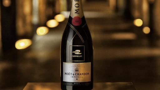 A bottle of Moët & Chandon champagne featuring the Formula E logo in the Maison’s legendary cellars below the streets of Epernay, France.