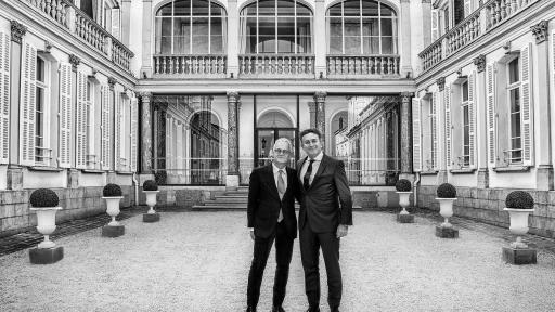 Stéphane Baschiera, President & CEO of Maison Moët & Chandon, with Alejandro Agag, Founder & CEO of Formula E, in front of the Trianon at Moët & Chandon’s estate in Epernay, France.