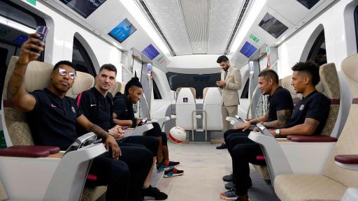Image of Paris Saint-Germain Football players on the Metro in Qatar.