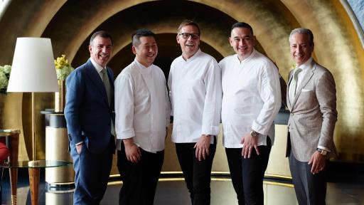 Image of Anthony Costa, MD of Burj Al Arab, Chef Kim Joine Maurin, Chef Kasper Kurdahl, Chef Francky Semblat and Jose Silva, CEO of Jumeirah Group