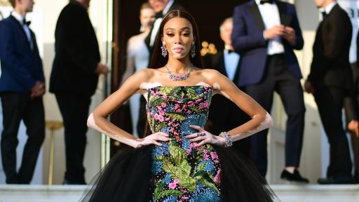Image of Winnie Harlow wearing a dress designed by Richard Quinn for Perrier-Jouët at AmfAR