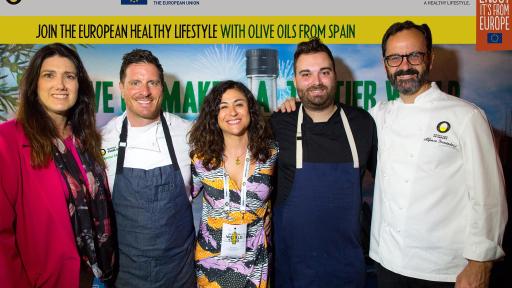 Image of Spain’s Olive Oil Interprofessional Director Teresa Perez, chef Seamus Mullen, Spain’s Olive Oil Interprofessional Raquel Díaz Marketing Director, chef Marcos Campos and the expert taster Alfonso Fernández