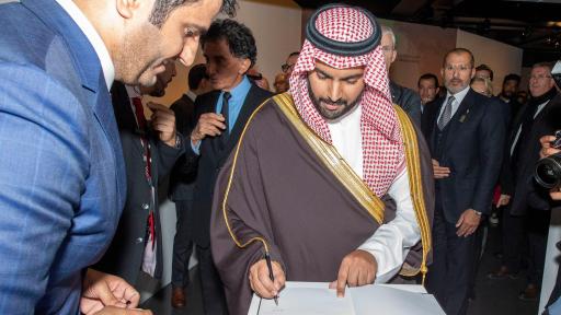 RCU Governor Prince Badr signs guest book at opening of AlUla Wonder of Arabia Exhibition in Paris
