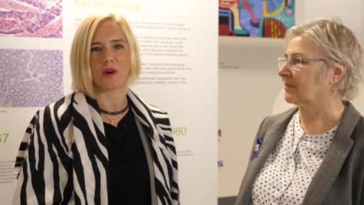 Zorana Maravic, Director of Operations at Digestive Cancers Europe (DiCE) and Jola Gore-Booth, Executive Director DiCE, at the 50 Years of Colonoscopy Exhibition at UEG Week 2019.