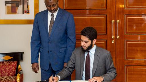 Image of the Signing of agreement between President of ERF Manssour Bin Mussallam and the Minister of National Education and Vocational Training of the Republic of Djibouti HE Moustapha Mohamed Mahamoud