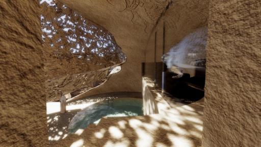 Image of Concept rendering of a pool area displaying the interaction of modern designs mixed with the Nabatean way of using light, shadow and rocks.