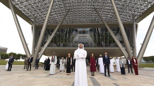 Image of Presenter, Khalid Al Jumaily, with various Stars of Science alumni outside Qatar Science & Technology Park.