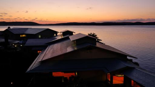 Image of Beautiful sunset in Noto Bay viewed from traditional Japanese inn Hotel Tadaya, Wakura Onsen.