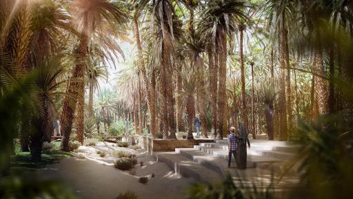 Image of a 20km public realm to engage the community and visitors in the heritage of AlUla and the oasis Districts together from north to south while acting as the life-giving green belt of the masterplan.