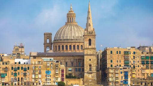 Malta, Valletta -  traditional house building facade, Basilica our Lady Mount Carmel.