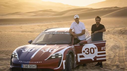 L-R Dr Manfred Braeunl, Chief Executive Officer, and Markus Peter, Marketing Director at Porsche Middle East and Africa FZE, on site at Liwa during the production of the hero film for Drive2Extremes